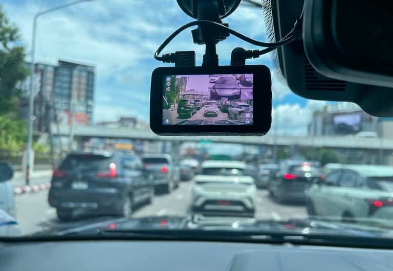 Front and rear car dash cam installed in vehicle, car video recorder recording