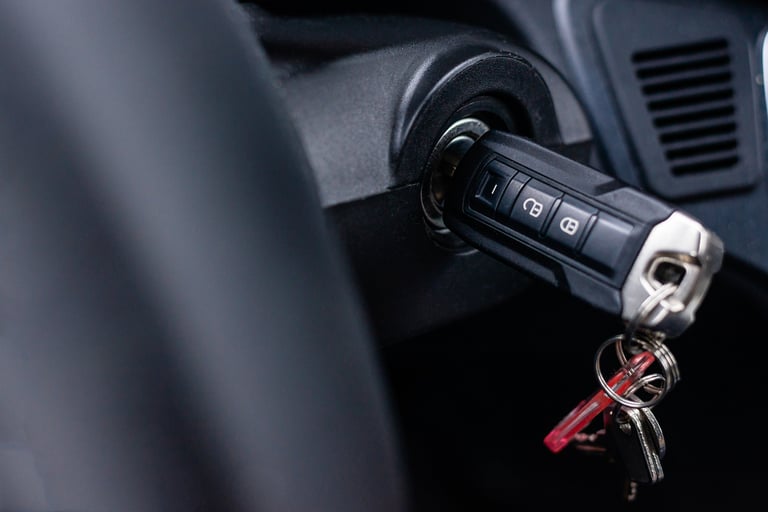 Close up shot of car remote starter key fob, starting the engine for travel